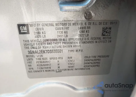 2013 Chevrolet Captiva Sport 2Ls z USA, uszkodzony, nr VIN 3GNAL2EK7DS635501